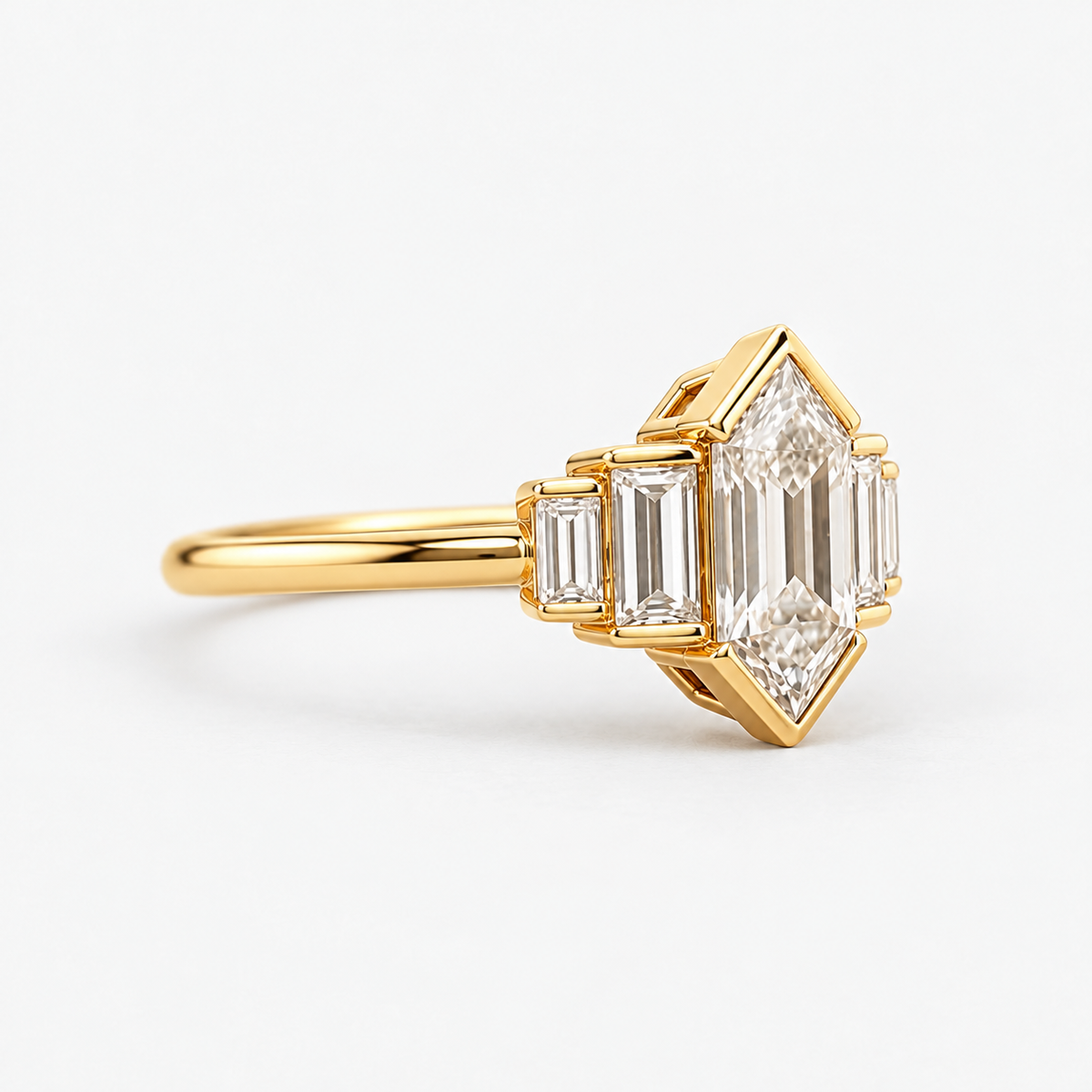 Hexagon Cut Lab Grown Diamond Engagement Ring with Baguette Side Stones in 14K Yellow Gold