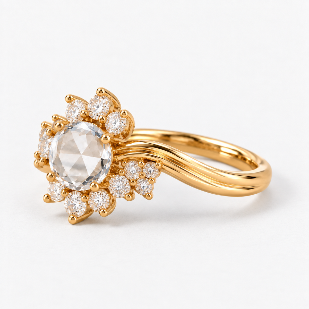 Lab Grown Diamond Round Rose Cut Floral Burst Starburst Bypass Wave Band Engagement Ring IGI Certified in 14K Yellow Gold