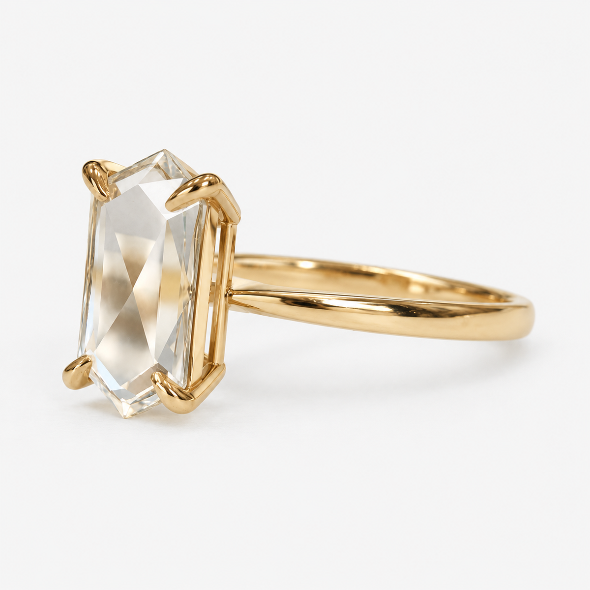 Lab Grown Diamond Elongated Hexagon Portrait Cut Lab Grown Diamond Solitaire Engagement Ring with Four Prong Setting and Minimalist Thin Band in 14K Yellow Gold