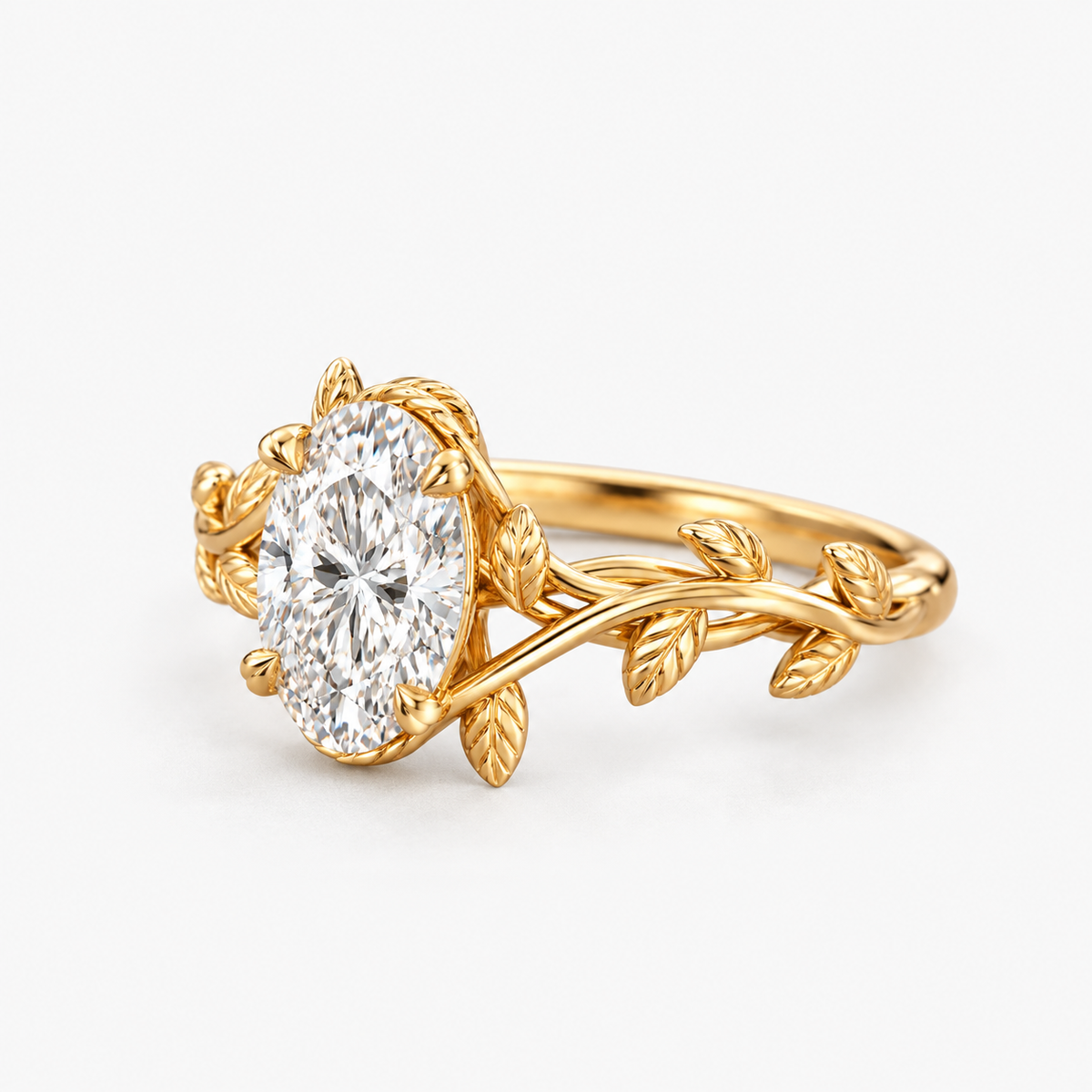 Oval Cut Diamond Vine Leaf Engagement Ring in 14K Yellow Gold