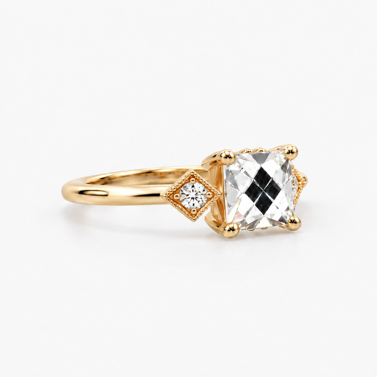 Lab Grown Diamond Square French Cut Beaded Edge Three-Stone Diamond Frame Side Accent Engagement Ring IGI Certified in 14K Yellow Gold