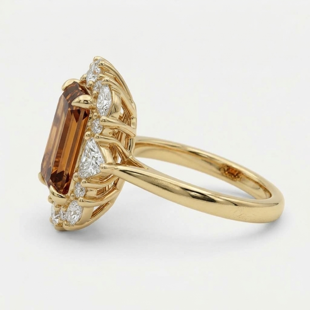 Lab Grown Diamond Fancy Cognac Champagne Emerald Cut Vintage Floral Cluster Halo Engagement Ring IGI Certified in 14K Yellow Gold