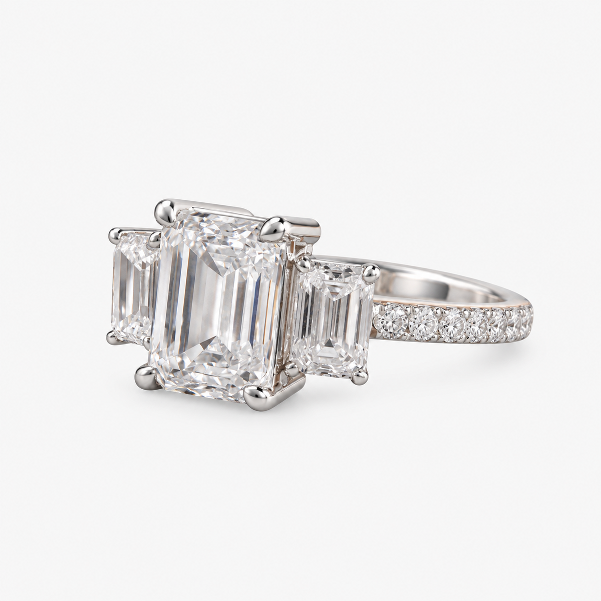 Lab Grown Diamond Emerald Cut Three-Stone Pavé Band Engagement Ring with Emerald Side Accents IGI Certified in 14K Yellow Gold