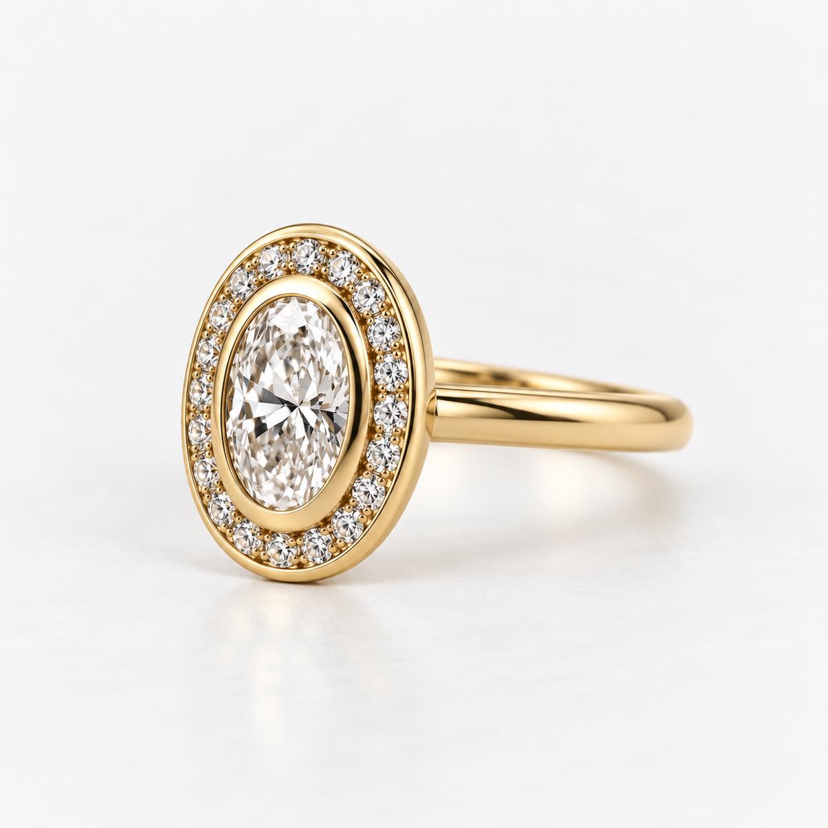 Oval Cut Bezel Halo Lab Grown Diamond Engagement Ring in 14K Yellow Gold