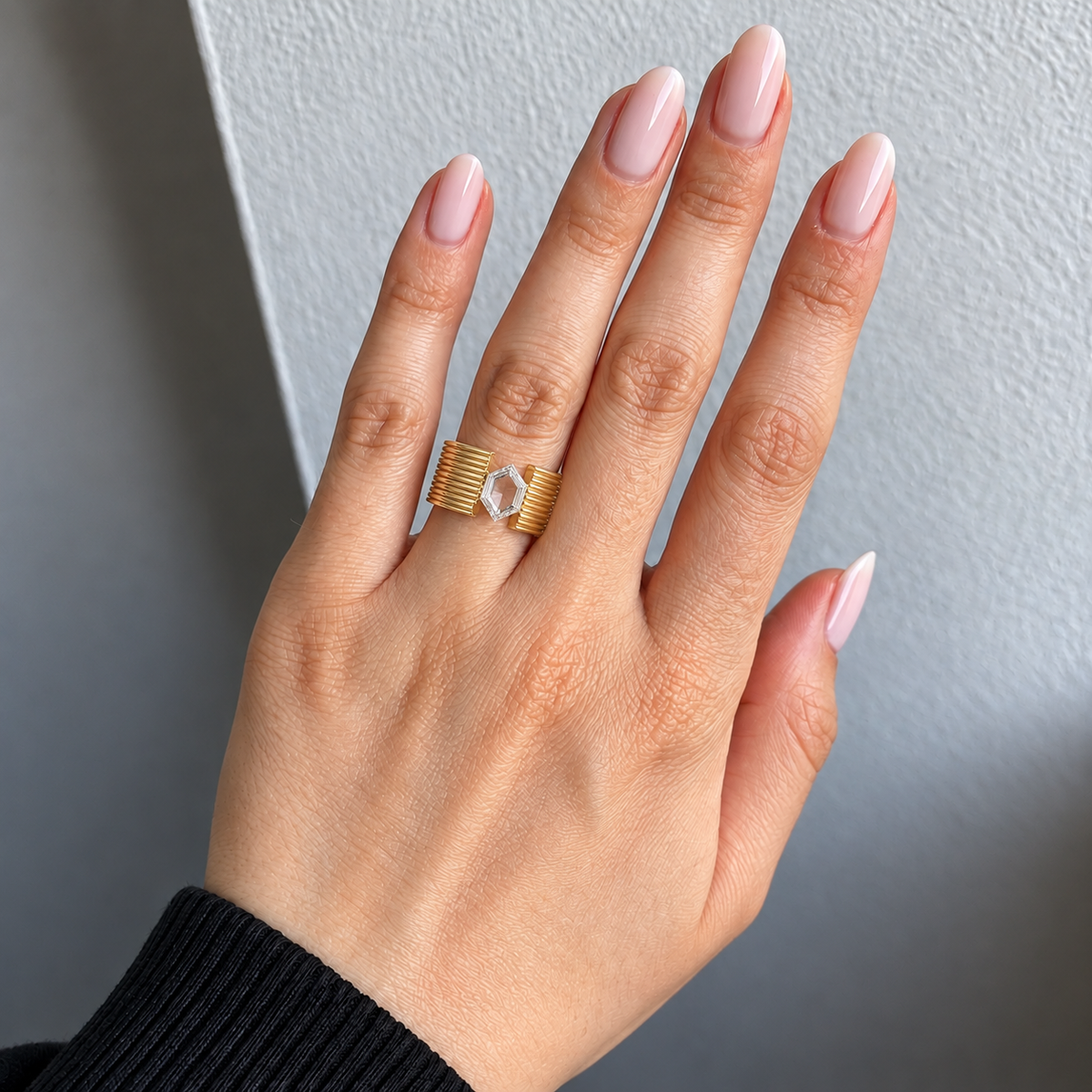 Lab Grown Diamond Hexagon Shaped  Portrait Cut Lab Grown Diamond Statement Ring with Wide Ribbed Cigar Band in 14K Yellow Gold