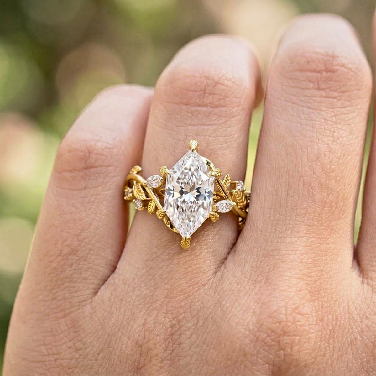 Lab Grown Diamond Dutch Marquise Cut with Marquise & Round Diamond Side Accents in Nature-Inspired Vine Band Engagement Ring IGI Certified in 14K Yellow Gold