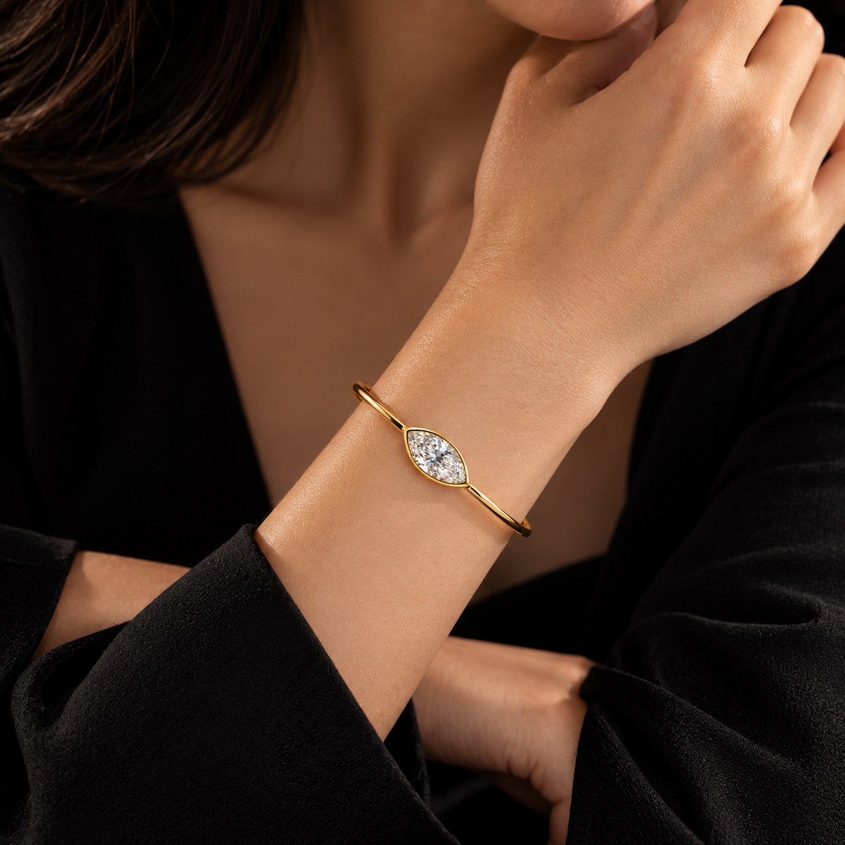 Lab Grown Diamond Marquise Cut East-West Full Bezel Rigid Bangle Bracelet IGI Certified in 14K Yellow Gold