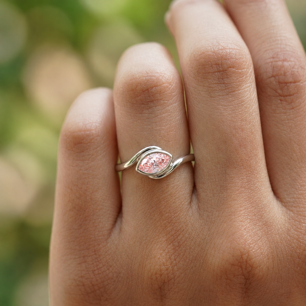 Lab Grown Diamond Fancy Pink Marquise Cut East-West Bypass Bezel Engagement Ring IGI Certified in 14K Yellow Gold