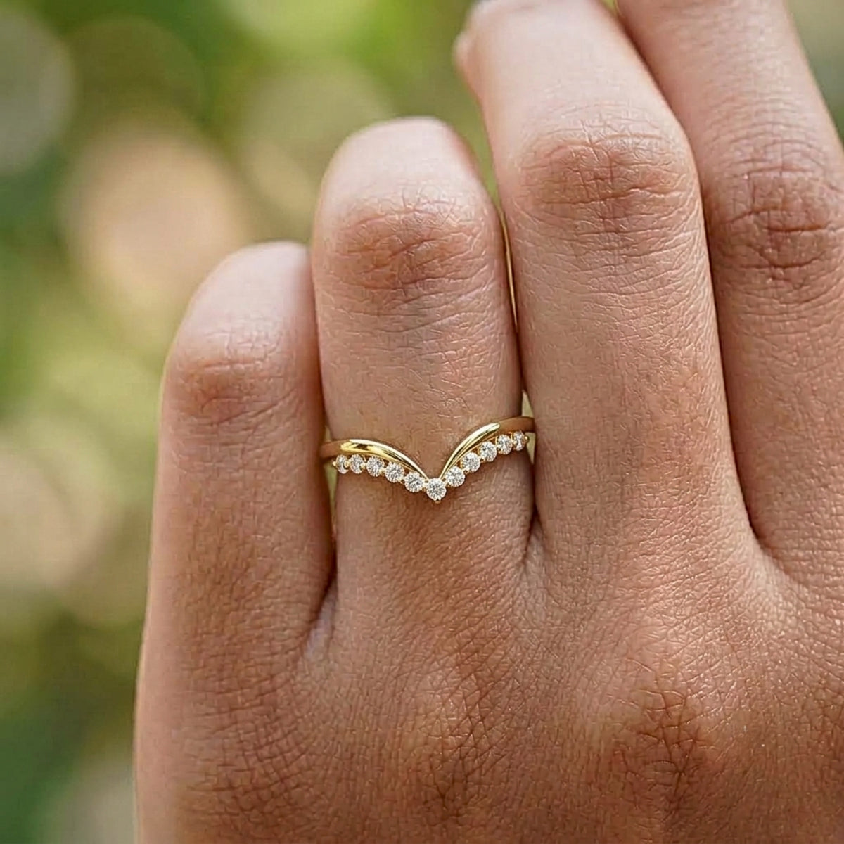Lab Grown Diamond V-Shaped Chevron Wedding Band with Pavé Diamond Accents in 14K Yellow Gold