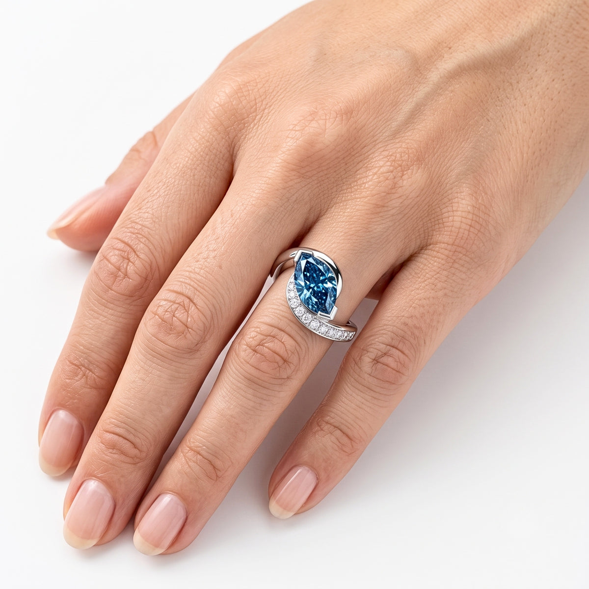 Lab Grown Diamond Fancy Blue Marquise Cut Swirl Bypass Half-Pavé Engagement Ring IGI Certified in 14K Yellow Gold