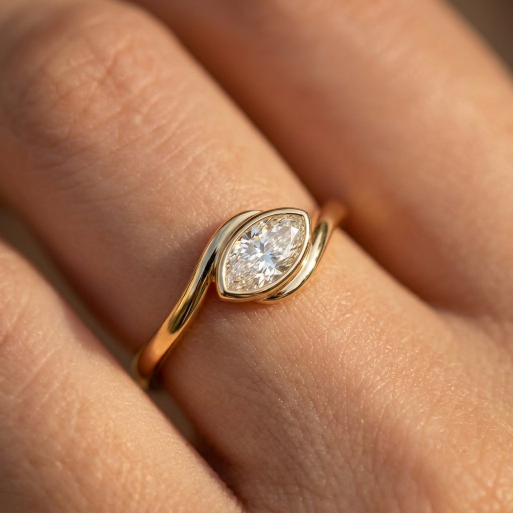 Lab Grown Diamond Marquise Cut East-West Bypass Bezel Engagement Ring IGI Certified in 14K Yellow Gold