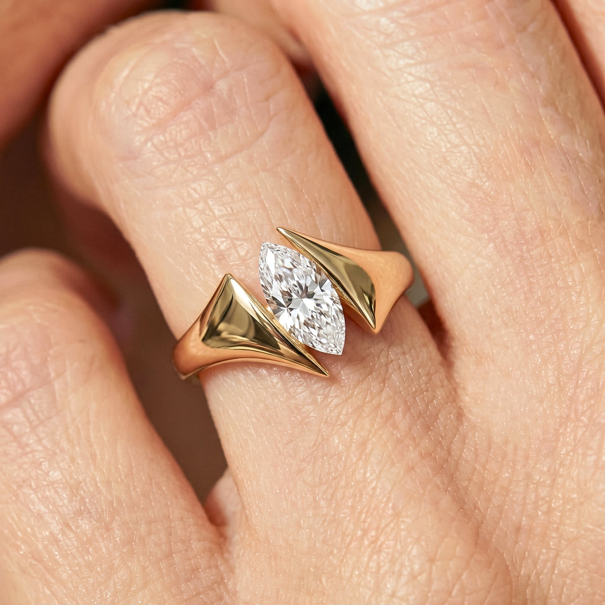 Lab Grown Diamond Marquise Cut Sculptural Winged Asymmetric Bypass Solitaire Engagement Ring IGI Certified in 14K Yellow Gold