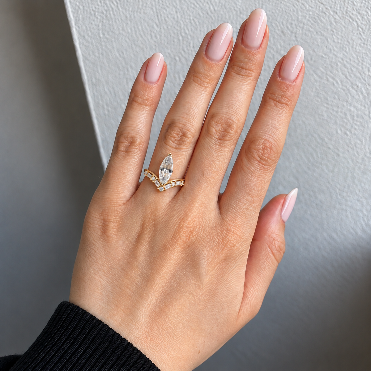 Lab Grown Diamond Marquise Step Cut Curved Chevron V-Band Baguette and Round Accent Engagement Ring IGI Certified in 14K Yellow Gold
