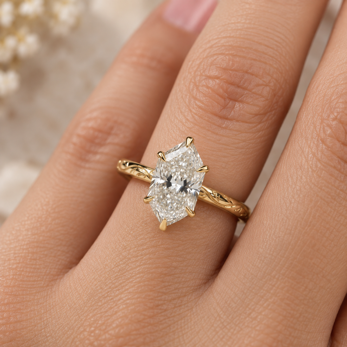 Hexagon Cut Lab Grown Diamond Vintage Floral Engagement Ring in 14K Yellow Gold