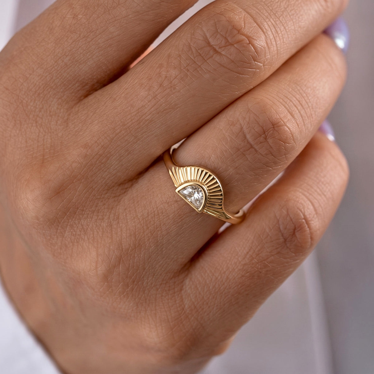 Lab Grown Diamond Half Moon Sunburst Bezel Set Solitaire Band in 14K Yellow Gold