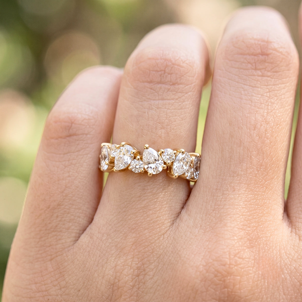 Lab Grown Diamond Pear & Round Cut Multi-Stone Cluster Engagement Band  IGI Certified in 14K Yellow Gold