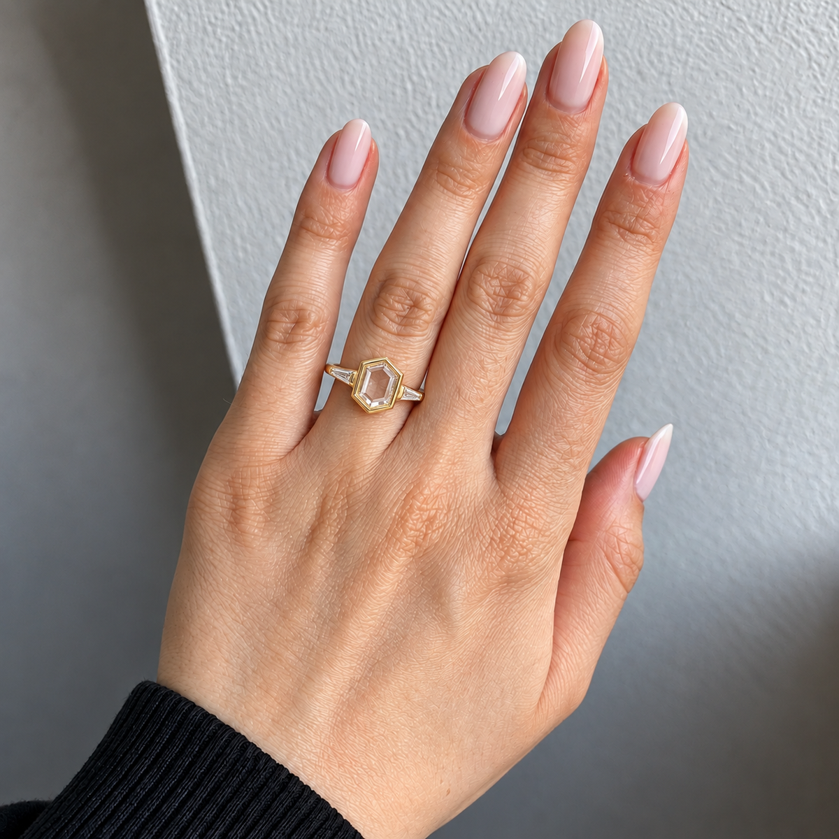 Lab Grown Diamond   Elongated Hexagon Portrait Cut Lab Grown Diamond Three Stone Engagement Ring   with Bezel Set Center and Tapered Baguette Side Diamonds in 14K Yellow Gold