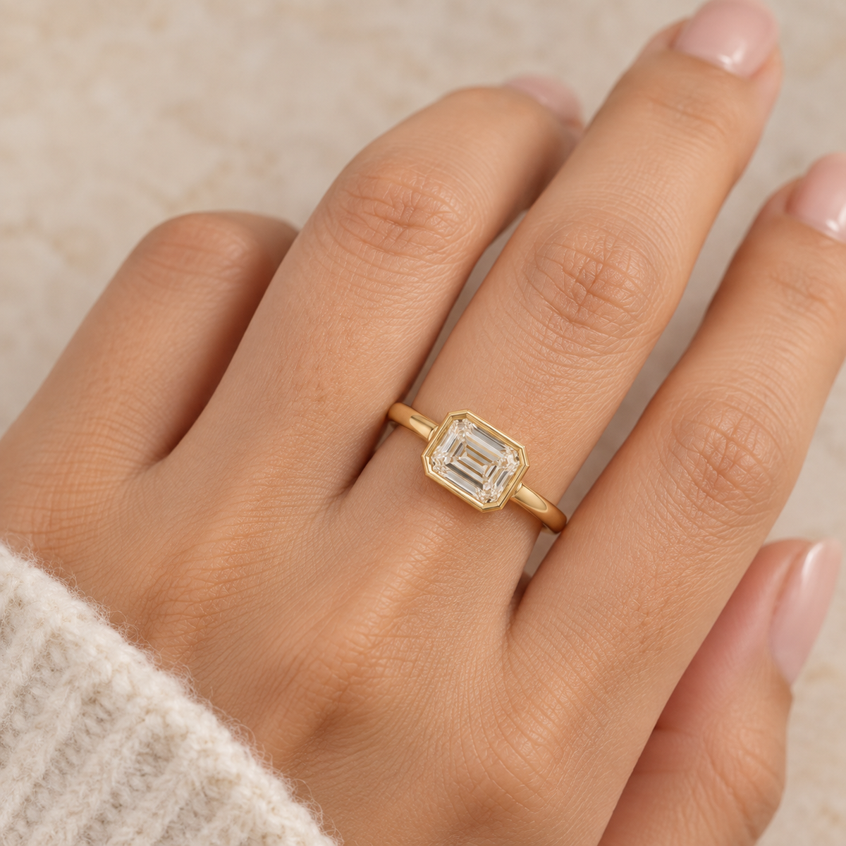 Asscher Cut Lab Grown Diamond Bezel Engagement Ring in 14K Yellow Gold