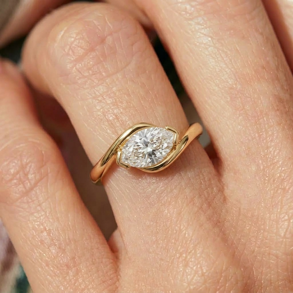 Lab Grown Diamond Marquise Cut East-West Bypass Solitaire Engagement Ring IGI Certified in 14K Yellow Gold