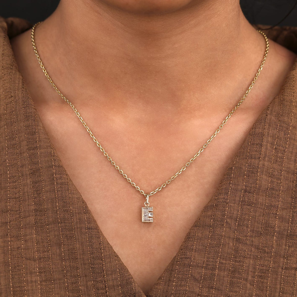 Lab Grown Diamond Alphabet E Cut Initial Pendant Necklace IGI Certified in 14K Yellow Gold