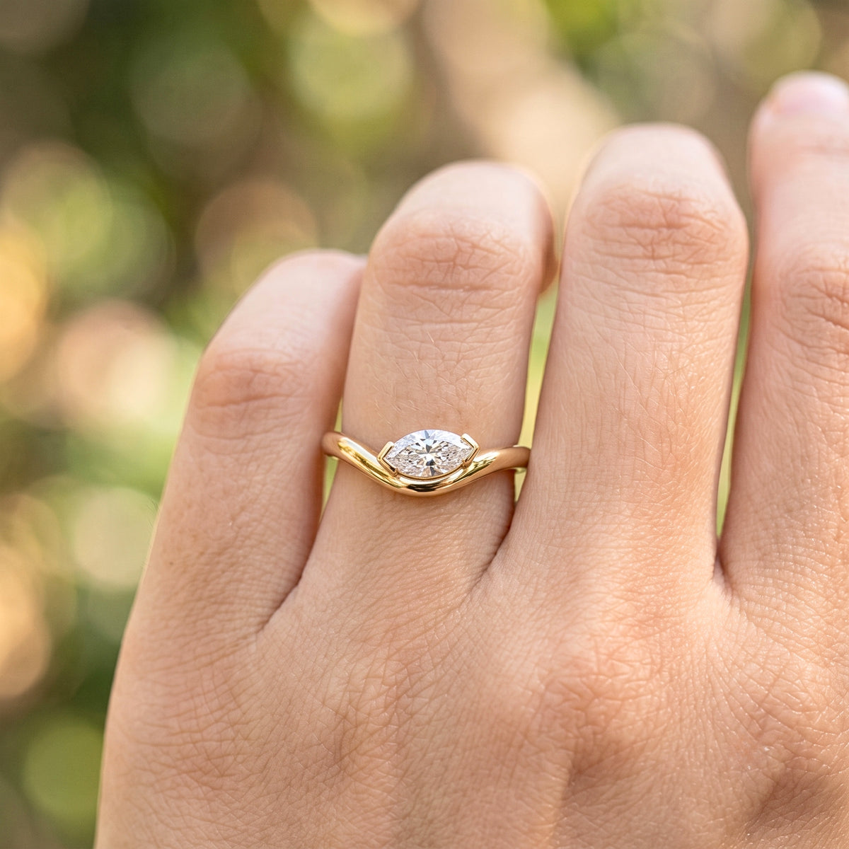 Lab Grown Diamond Marquise Brilliant Cut Sculptural Tension Bypass Engagement Ring IGI Certified in 14K Yellow Gold