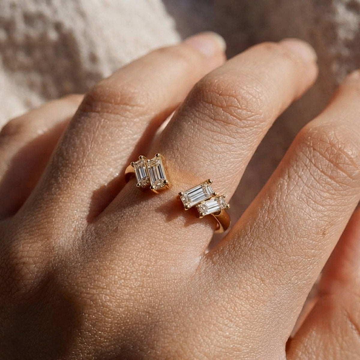 Lab Grown Diamond Baguette Cut Open Chevron Wedding Band with Geometric Diamond Accents in 14K Yellow Gold