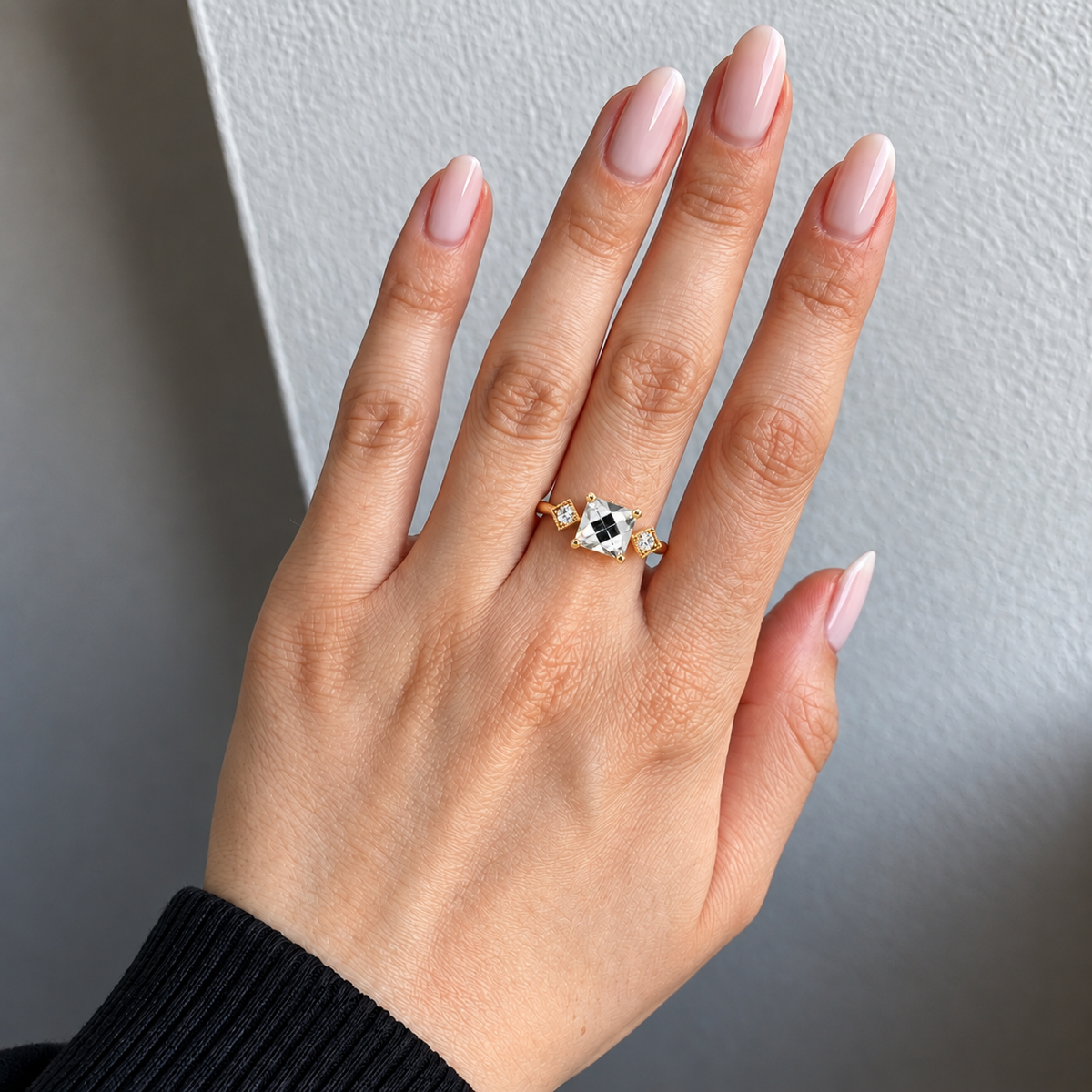 Lab Grown Diamond Square French Cut Beaded Edge Three-Stone Diamond Frame Side Accent Engagement Ring IGI Certified in 14K Yellow Gold