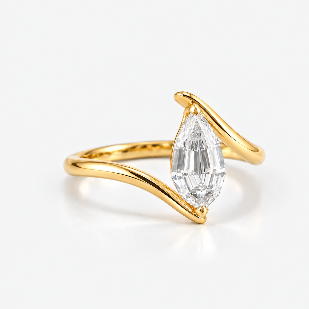 Lab Grown Diamond Pear Step Cut Modern Bypass Wave Solitaire Engagement Ring IGI Certified in 14K Yellow Gold