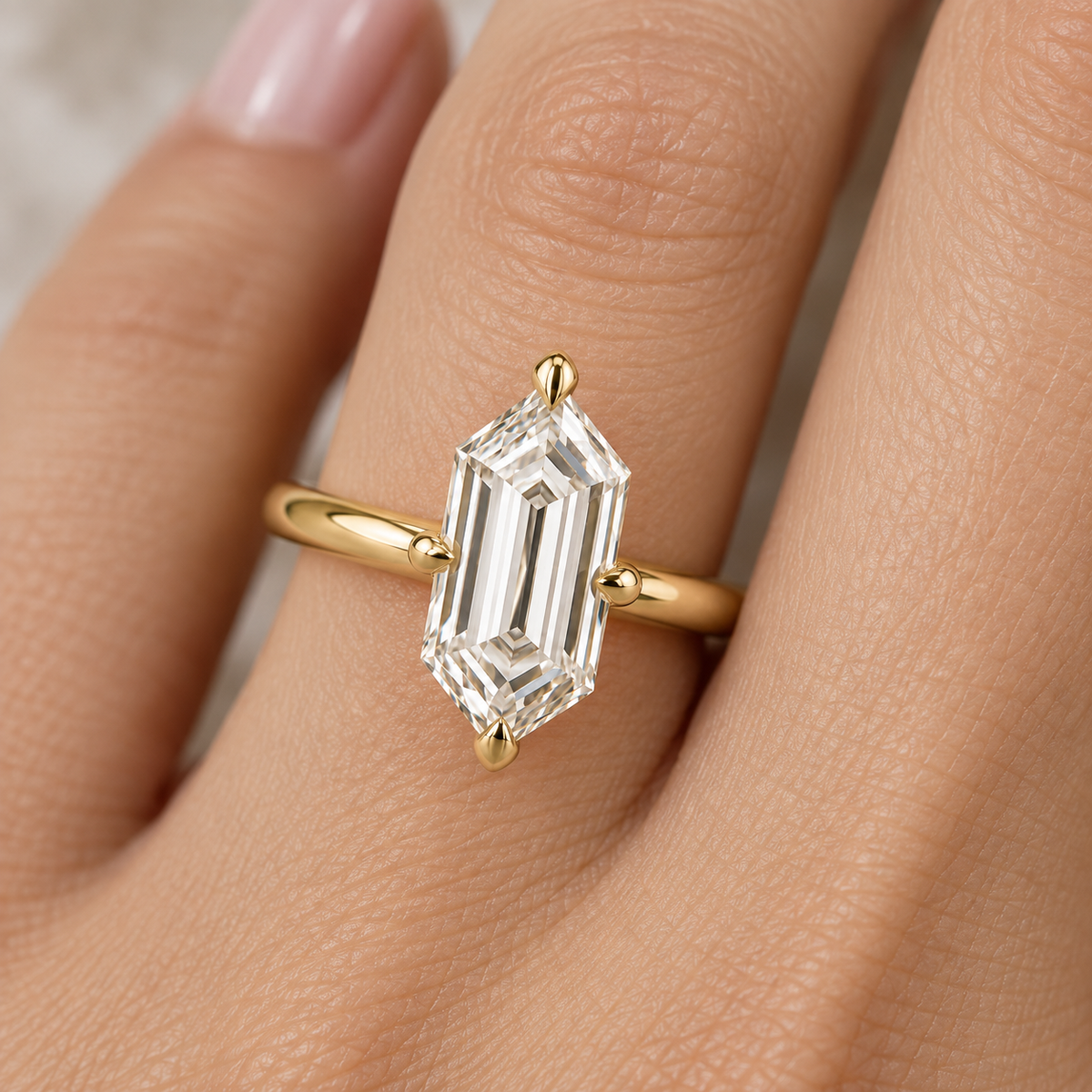 Lab Grown Diamond Elongated Hexagon Cut Solitaire Engagement Ring in 14K Yellow Gold
