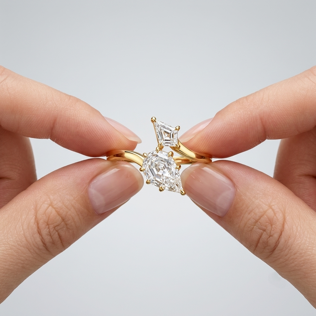 Lab Grown Diamond Step Cut Pear & Kite Cut Bypass Split Shank Engagement Ring IGI Certified in 14K Yellow Gold