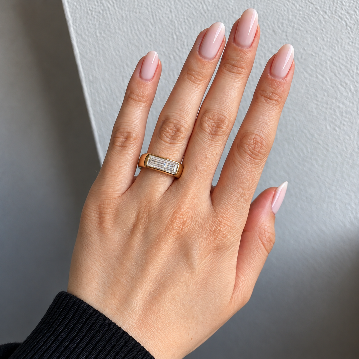 Lab Grown Diamond Straight Baguette Cut East-West Flush Bezel Thick Signet Band Engagement Ring IGI Certified in 14K Yellow Gold