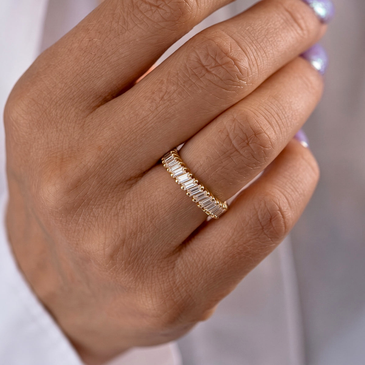 Lab Grown Diamond   Emerald Cut Half Eternity Wedding Band with Channel Style Setting in 14K   Yellow Gold