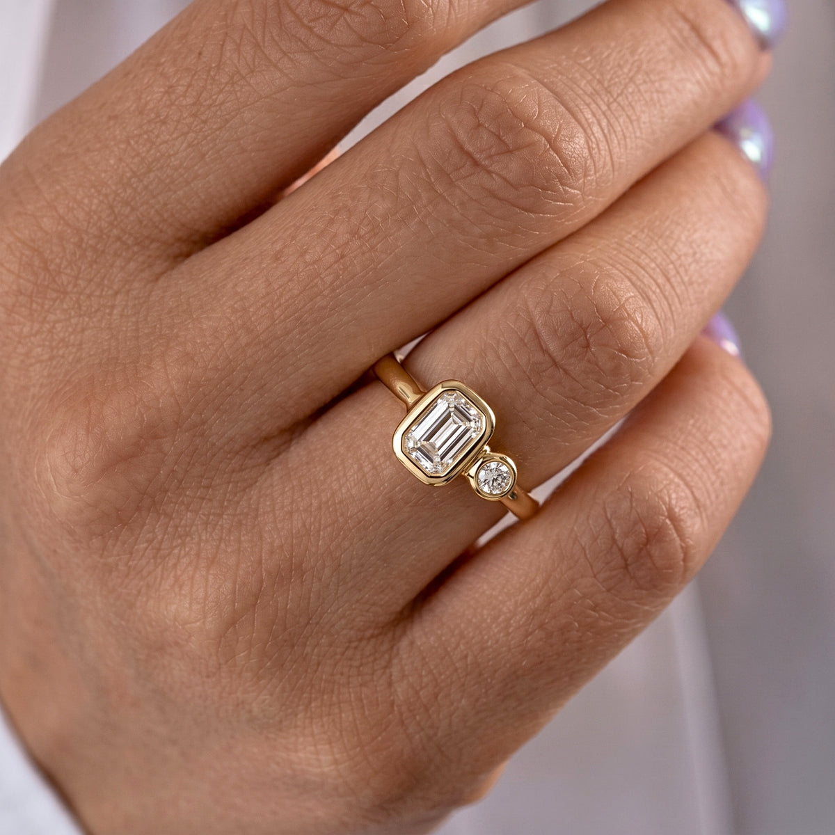 Lab Grown Diamond Elongated Emerald Cut Floating Bezel Curved Wave Nested Band Baguette Accent Engagement Ring IGI Certified in 14K Yellow Gold (Copy)
