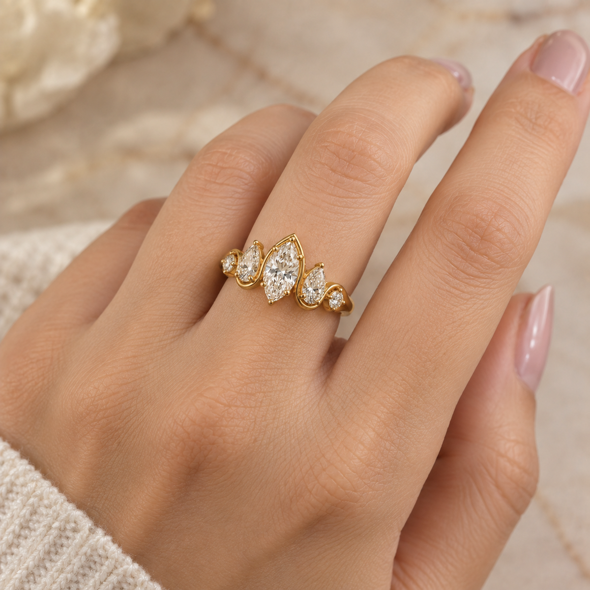 Marquise Cut Lab Grown Diamond Five Stone Engagement Ring in 14K Yellow Gold