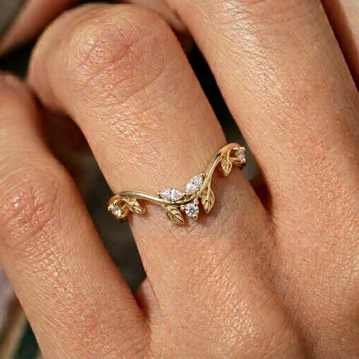 Lab Grown Diamond   Marquise & Round Diamond Nature-Inspired Vine V Band Ring in 14K Yellow Gold