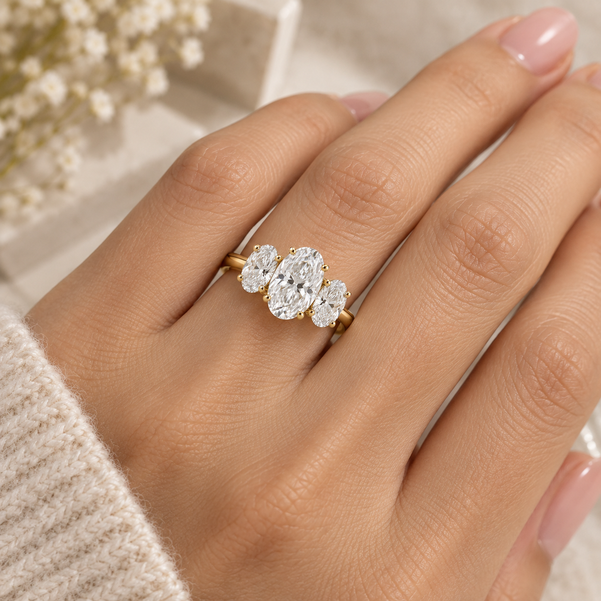 Lab Grown Diamond Oval Cut Three Stone Engagement Ring with Oval Side Stones in 14K Yellow Gold