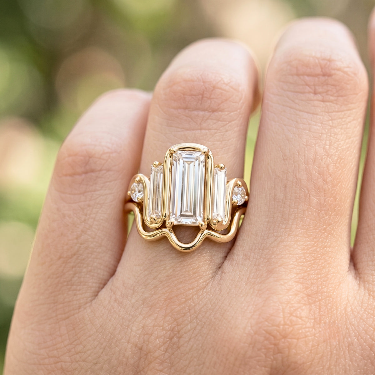Lab Grown Diamond Elongated Emerald Cut Floating Bezel Curved Wave Nested Band Baguette Accent Engagement Ring IGI Certified in 14K Yellow Gold (Copy)