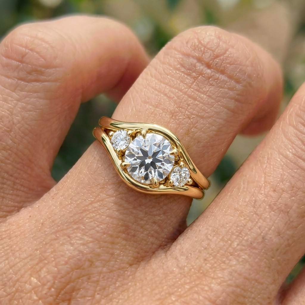 Lab Grown Diamond Round Old European Cut Three-Stone Contour Band Engagement Ring IGI Certified in 14K Yellow Gold