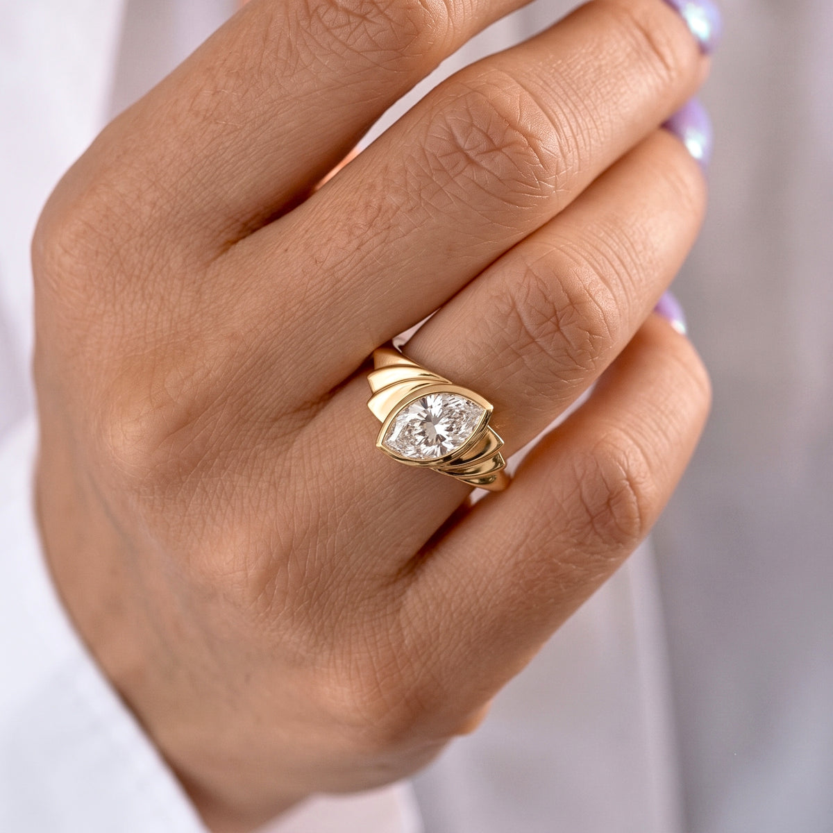 Lab Grown Diamond Marquise Brilliant Cut Fluted Tapered Bypass Bezel Engagement Ring IGI Certified in 14K Yellow Gold
