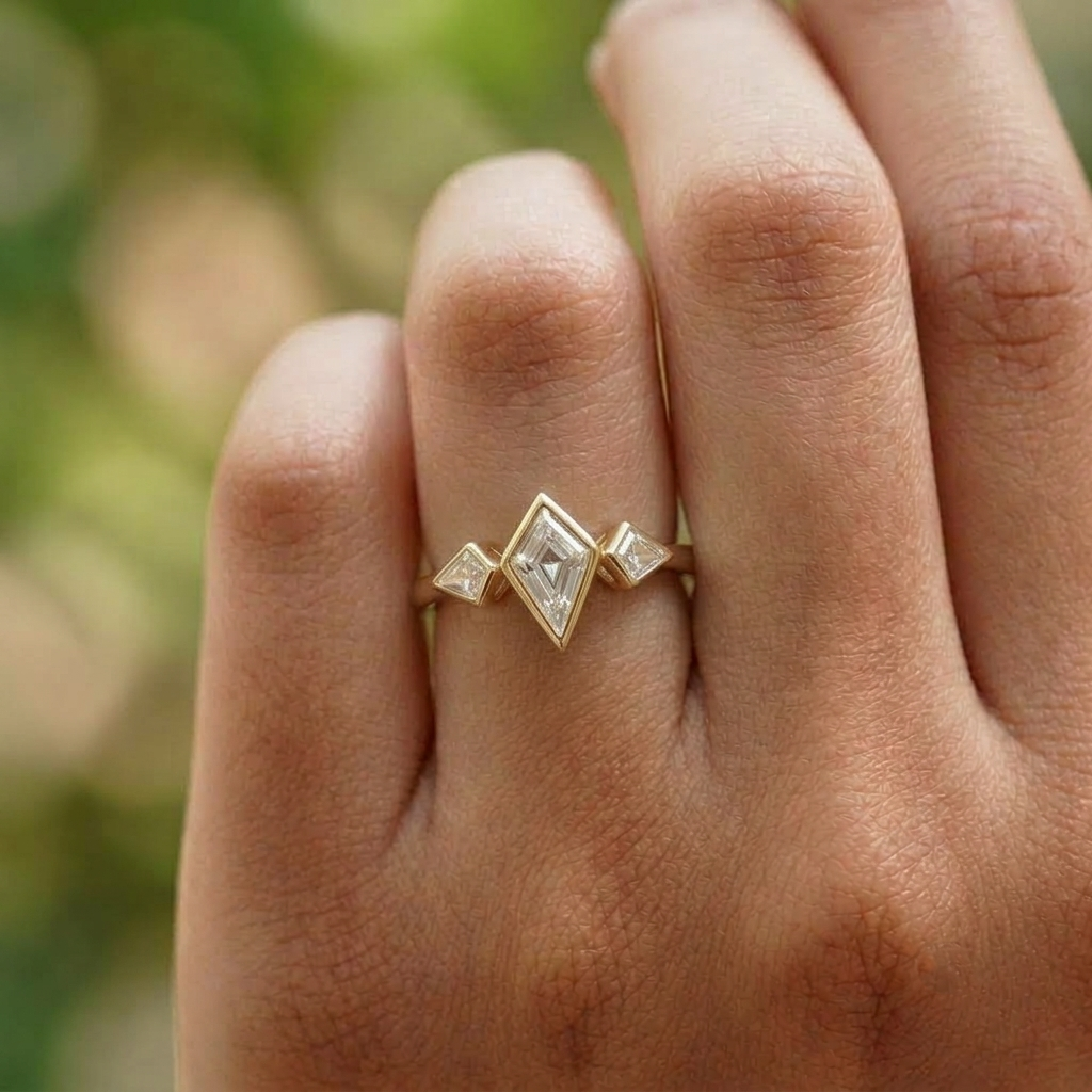Lab Grown Diamond Kite Cut Bezel Three-Stone Ring with Kite Side Accents Engagement Ring IGI Certified in 14K Yellow Gold