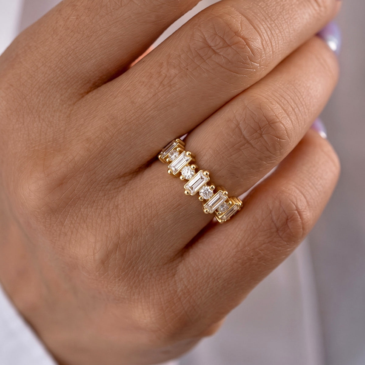 Lab Grown Diamond Half Moon Sunburst Bezel Set Solitaire Band in 14K Yellow Gold