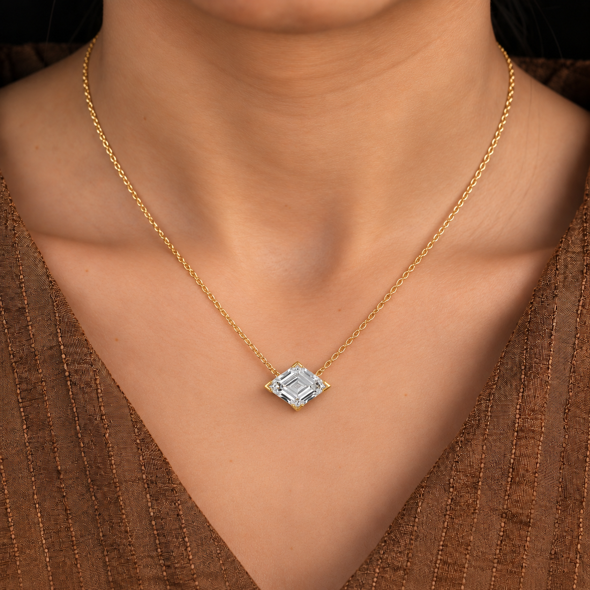 Lab Grown Diamond Lozenge Cut Bezel Solitaire Necklace IGI Certified in 14K Yellow Gold