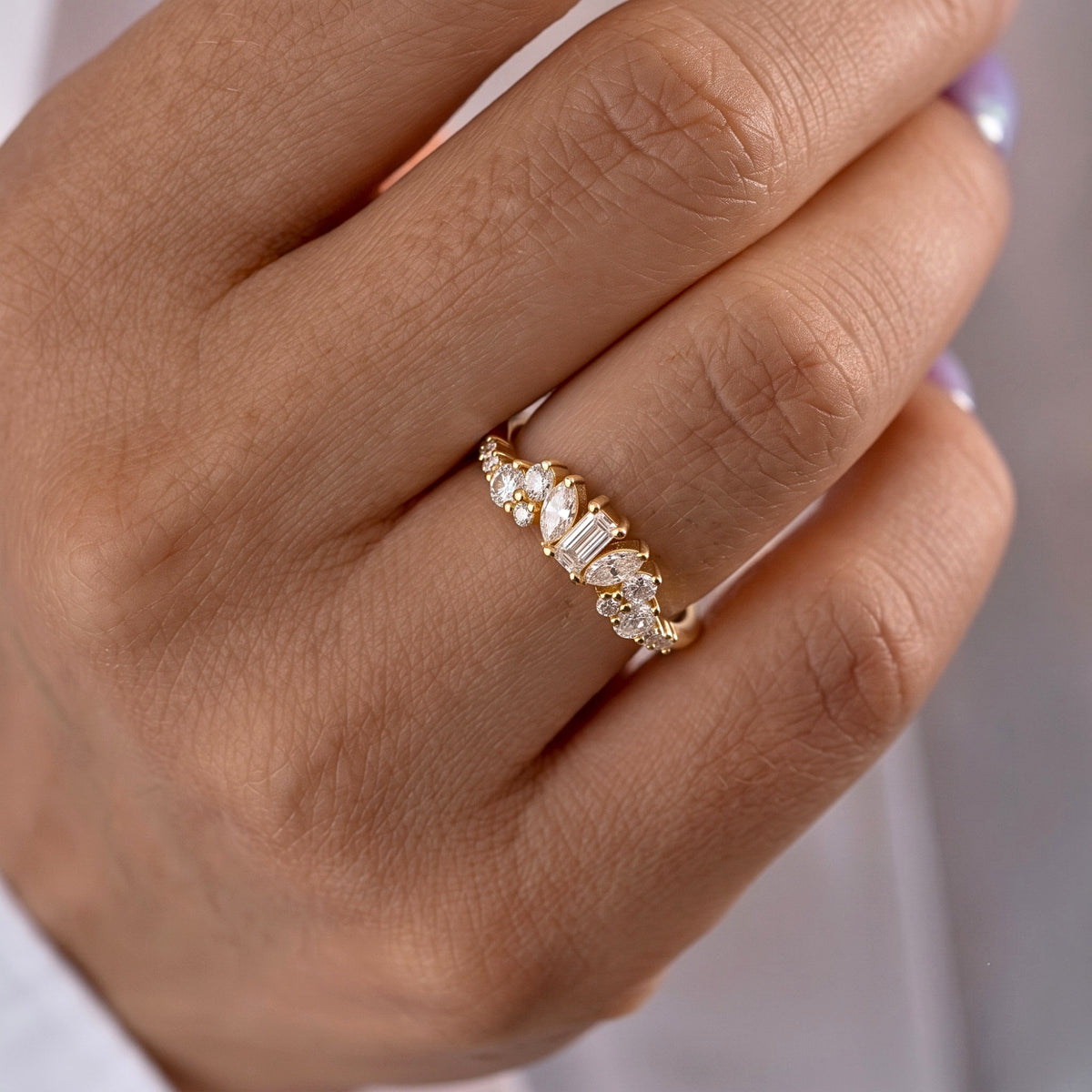 Lab Grown Diamond   Emerald Cut with Marquise and Round Diamond Accents Floral Cluster Wedding   Band in 14K Yellow Gold