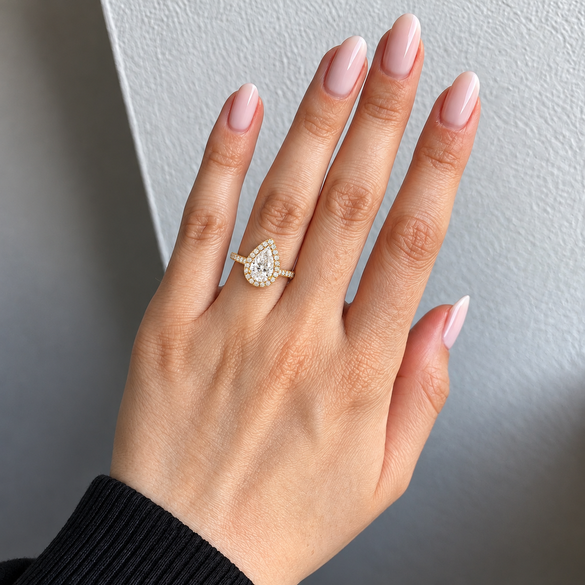 Pear Cut Halo Lab Grown Diamond Engagement Ring with Pavé Band in 14K Yellow Gold