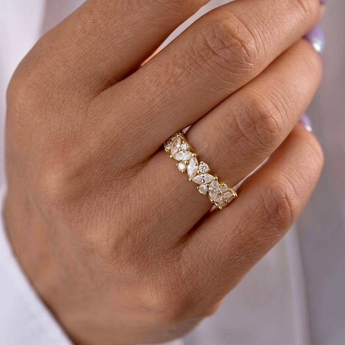 Lab Grown Diamond Multi-Shape Marquise & Round Cut Half Eternity Band in 14K Yellow Gold`