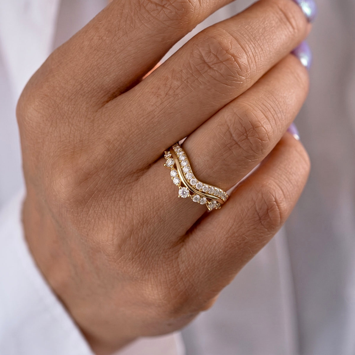 Lab Grown Diamond   Curved Chevron Pave Wedding Band with Round Diamond Accents in 14K Yellow   Gold