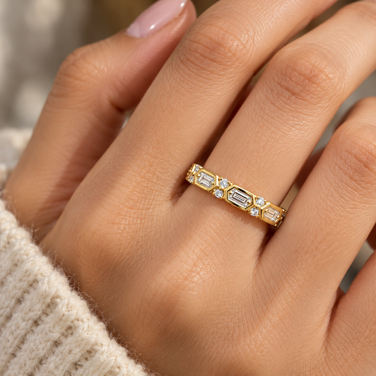 Lab Grown Diamond Geometric Hexagon Baguette Eternity Band Ring in White Gold