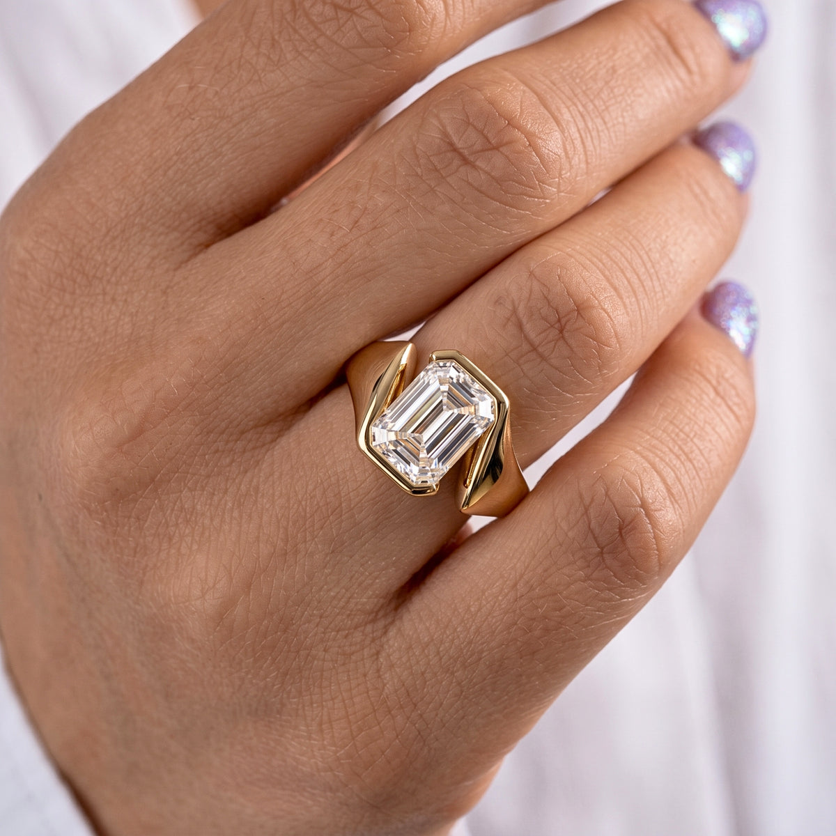 Lab Grown Diamond Emerald Cut Sculptural Bezel Bypass Engagement Ring IGI Certified in 14K Yellow Gold