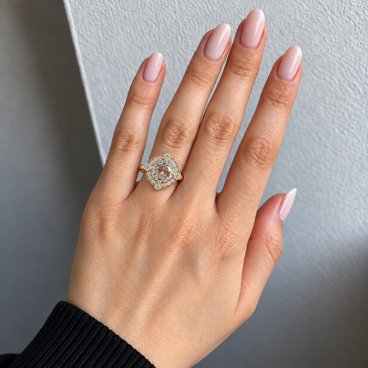 Lab Grown Diamond Round Rose Cut Vintage Milgrain Beaded Geometric Starburst Halo Engagement Ring IGI Certified in 14K Yellow Gold