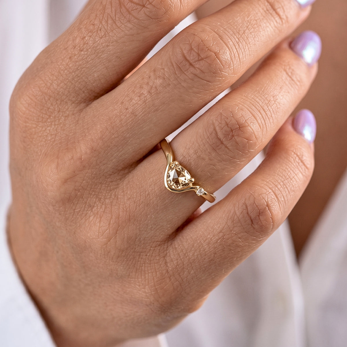 Lab Grown Diamond Uneven Cut Fancy Champagne Curved Chevron V-Band Engagement Ring with Side Accent IGI Certified in 14K Yellow Gold